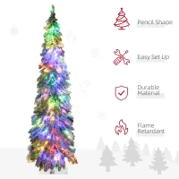 HOMCOM 5' Artificial Slim Christmas Trees, with Snow Frosted Branches, Warm White or Colorful LED Lights, Downswept Shape(m-6)