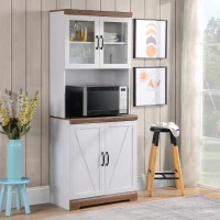 HOMCOM 70" Farmhouse Kitchen Buffet with Hutch, Kitchen Pantry Storage Cabinet with Glass Doors, Adjustable Shelves, Open Microwave Countertop, White(m-2)