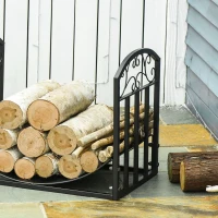 Outsunny 23.8" Firewood Log Rack, Curved Fireplace Log Holder, Wood Storage Rack with Side Scrolls, for Outdoor and Indoor Use, Black(m-9)