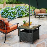 Outsunny 22" Square Steel PE Rattan Wicker Table With Umbrella Hole, Outdoor Patio Accent Dining Side Table Used as Umbrella Stand, Black(m-1)