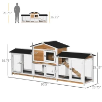 PawHut 90.5" Wooden Rabbit Hutch Bunny Cage Pet Playpen House Enclosure with Double Side Run Boxes, No Leak Tray, Ramp, for Rabbits, Chickens, Ducks, Guinea Pig and Small Animals, White(m-3)