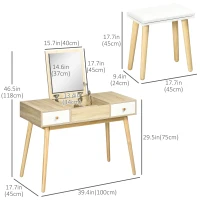HOMCOM Makeup Vanity Desk with Flip Top Mirror and Cushioned Stool, Dressing Table Writing Desk with 2 Drawers and Storage Grids for Bedroom (Natural)(m-3)