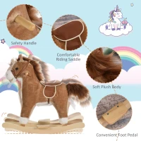 Qaba Kids Rocking Horse Plush Animal on Wooden Rockers with Sounds, Wooden Base, Baby Rocking Chair, Brown(m-7)