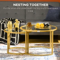 HOMCOM Round Coffee Table Set of 2, Modern Nesting Tables with Tempered Glass Top and Steel Frame for Living Room, Gold(m-4)