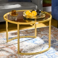 HOMCOM Round Coffee Table Set of 2, Modern Nesting Tables with Tempered Glass Top and Steel Frame for Living Room, Gold(m-8)
