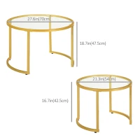 HOMCOM Round Coffee Table Set of 2, Modern Nesting Tables with Tempered Glass Top and Steel Frame for Living Room, Gold(m-3)