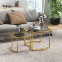 HOMCOM Round Coffee Table Set of 2, Modern Nesting Tables with Tempered Glass Top and Steel Frame for Living Room, Gold(m-1)