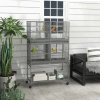PawHut 61"H Divided Breeder Bird Cage with Rolling Stand Removable Metal Tray, Storage Shelf, Wood Perch, and Food Container, Dark Grey(m-1)