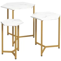 HOMCOM Nesting Tables Set of 3, Hexagon Side End Table with Marble Effect Top and Steel Legs for Living Room Bedroom, White and Gold(m-2)