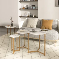 HOMCOM Nesting Tables Set of 3, Hexagon Side End Table with Marble Effect Top and Steel Legs for Living Room Bedroom, White and Gold(m-7)