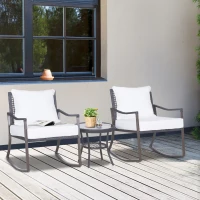 Outsunny 3 Pieces Patio Wicker Rocking Set, Outdoor PE Rattan Bistro Furniture Set with Soft Padded Cushions, Pillows and Round Glass Top Coffee Table for Patio, Backyard, Garden, White(m-1)