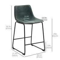HOMCOM Counter Height Bar Stools Set of 2, Vintage PU Leather Bar Chairs, Kitchen Stool with Footrest for Home Bar Green(m-3)