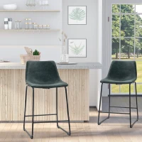 HOMCOM Counter Height Bar Stools Set of 2, Vintage PU Leather Bar Chairs, Kitchen Stool with Footrest for Home Bar Green(m-1)