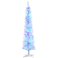 HOMCOM 7' Prelit Christmas Trees, Pencil Artificial Christmas Tree with Colorful Surface Branches, Colorful LED Lights, White(m-1)