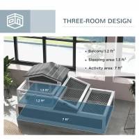PawHut Tortoise House Habitat, 3-Room with Balcony, 2-Story Indoor/Outdoor Enclosure with Ladder, Tray, Open Roof, Large Wooden Reptile Cage, 44"x25.5"x23", Gray(m-4)