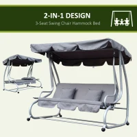 Outsunny 3-Seat Outdoor Patio Swing Chair, Converting Flat Bed, Canopy Swing with Adjustable Shade, Removable Cushions, Cup Holder, Grey(m-7)