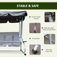 Outsunny 3-Seat Outdoor Patio Swing Chair, Converting Flat Bed, Canopy Swing with Adjustable Shade, Removable Cushions, Cup Holder, Grey(m-5)