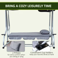 Outsunny 3-Seat Outdoor Patio Swing Chair, Converting Flat Bed, Canopy Swing with Adjustable Shade, Removable Cushions, Cup Holder, Grey(m-6)