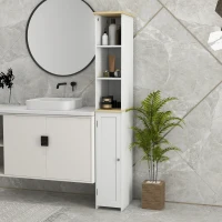 kleankin Narrow Bathroom Storage Cabinet, Freestanding Bathroom Cabinet with Open Shelves, Chevron Door and Adjustable Shelf, White(m-1)