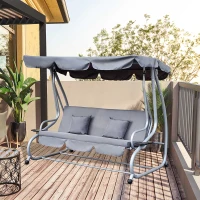 Outsunny 3-Seat Outdoor Patio Swing Chair, Converting Flat Bed, Canopy Swing with Adjustable Shade, Removable Cushions, Cup Holder, Grey(m-1)