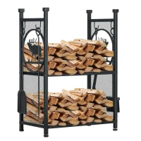 Outsunny 2-Tier Firewood Rack with Shovel, Broom, Poker, Tongs, Side Hooks, Log Holder for Fireplace, Outdoor Indoor Wood Storage Stacker, 21.7" x 12.6" x 30.3", Black(m-2)