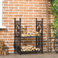 Outsunny 2-Tier Firewood Rack with Shovel, Broom, Poker, Tongs, Side Hooks, Log Holder for Fireplace, Outdoor Indoor Wood Storage Stacker, 21.7" x 12.6" x 30.3", Black