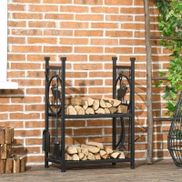 Outsunny 2-Tier Firewood Rack with Shovel, Broom, Poker, Tongs, Side Hooks, Log Holder for Fireplace, Outdoor Indoor Wood Storage Stacker, 21.7" x 12.6" x 30.3", Black(m-1)