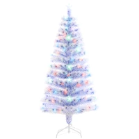 HOMCOM 5ft Tall Pre-Lit Douglas Fir Artificial Christmas Tree with Realistic Branches, Multi-Color LED Lights, Fiber Optics and 180 Tips - White/Blue(m-1)