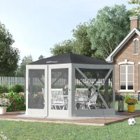 Outsunny 12' x 12' Hexagon Automatic Pop Up Screen Tents Camping Shelter Picnic Canopy with Mesh Sidewalls and Carry Bag, Grey(m-8)