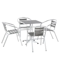 Outsunny 5-Piece Outdoor Patio Bistro Table Set with Aluminum Frame, Woodgrain-Style Tabletop & Draining Slat Design(m-1)