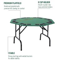 Soozier Poker Table Foldable, 47" Octagon Blackjack Poker Game Table for 8 Players with Cup Holders and Chips Tray, Green Felt(m-4)