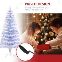 HOMCOM 5ft Tall Pre-Lit Douglas Fir Artificial Christmas Tree with Realistic Branches, Multi-Color LED Lights, Fiber Optics and 180 Tips - White/Blue(m-5)