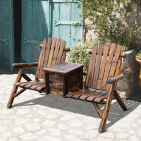 Outsunny 64" Double Wooden Garden Bench with Table, 2-Seater Adirondack Loveseat with Ice Bucket, High Backrest, Armrests, for Yard, Lawn, Porch, Patio, Rustic Brown(m-1)