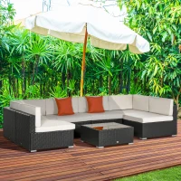 Outsunny 7 Piece Outdoor Patio Furniture Set, PE Rattan Wicker Sectional Sofa Set with Buckling Couch Cushions, Throw Pillows & Coffee Table, Dark Brown, Beige, Orange(m-2)