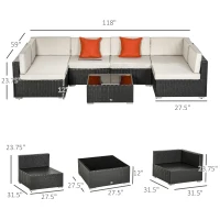 Outsunny 7 Piece Outdoor Patio Furniture Set, PE Rattan Wicker Sectional Sofa Set with Buckling Couch Cushions, Throw Pillows & Coffee Table, Dark Brown, Beige, Orange(m-3)