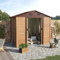 Outsunny 7.7'x6.4' Wooden Garden Shed, Outdoor Tool Storage with Sliding Door, Wood Grain Effect, Space-Saving(m-1)