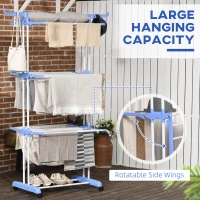 HOMCOM Foldable Clothes Drying Rack, 4-Tier Steel Laundry Rack for Drying Clothes with 2 Side Wings and 4 Castors, Indoor and Outdoor Use, Blue(m-4)