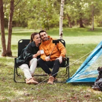 Outsunny Double Folding Camping Chair, Loveseat for 2 Adults, Portable Camping Couch with Wood Armrest & Cupholders, for Backpacking, Beach, Sports Travel, Black(m-2)