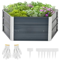 Outsunny 40'' Hexagon Raised Garden Bed, Outdoor Metal Planter Box with Gloves, for Backyard, Patio to Grow Vegetables, Herbs, and Flowers, Gray(m-1)