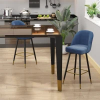 HOMCOM Set of 2 Mid-Back Upholstered Barstools Fabric Bar Chairs with Gold-Capped Steel Legs, Backrest and Footrest, Blue(m-1)