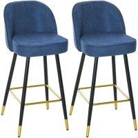 HOMCOM Set of 2 Mid-Back Upholstered Barstools Fabric Bar Chairs with Gold-Capped Steel Legs, Backrest and Footrest, Blue(m-2)