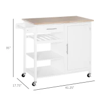HOMCOM Rolling Kitchen Island with Storage, Kitchen Cart with Solid Wood Countertop, Drawer, Adjustable Shelf and Wine Rack, White(m-3)