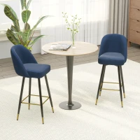HOMCOM Set of 2 Mid-Back Upholstered Barstools Fabric Bar Chairs with Gold-Capped Steel Legs, Backrest and Footrest, Blue(m-8)