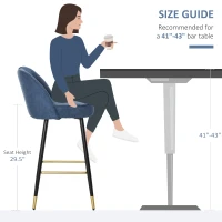 HOMCOM Set of 2 Mid-Back Upholstered Barstools Fabric Bar Chairs with Gold-Capped Steel Legs, Backrest and Footrest, Blue(m-7)
