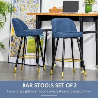 HOMCOM Set of 2 Mid-Back Upholstered Barstools Fabric Bar Chairs with Gold-Capped Steel Legs, Backrest and Footrest, Blue(m-4)