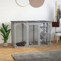 PawHut 71" x 32" x 44" Large Wooden Outdoor Cat Enclosure Catio Cage With 3 Platforms, Gray(m-2)
