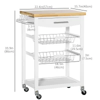HOMCOM 3-Tier Utility Kitchen Cart with Handle Bar, Steel Basket Rolling Kitchen Island, Food Storage Service Trolley with Wheels, Rubber Wood Top (White)(m-3)