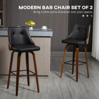 HOMCOM Bar Height Bar Stools Set of 2 PU Leather Upholstered Swivel Barstools with Solid Wood Legs Footrest and Tufted Back, Black(m-6)
