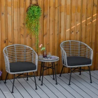 Outsunny 3 Piece Patio Bistro Set, PE Rattan with Cushioned Barrel Chairs & Glass Coffee Table, Conversation Set, Mixed Gray(m-2)