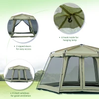 Outsunny 8-10 Person Screen House Room Instant Camping Canopy, Wind Resistant Hexagon Design Screen Shelter Family Tent, and Screened Mesh for Hiking, Hunting, Fishing, Army Green(m-6)